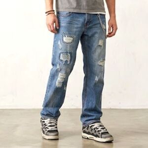 Vintage Destroyed Repaired Patched Jeans 32x27 Thrashed Grunge Streetwear Rock